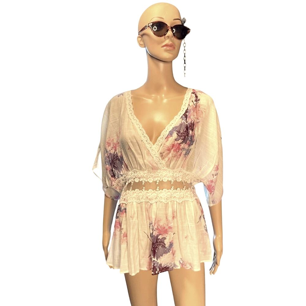 Rose And Grey Tunic Top Large Bohemian Floral Lace Kimono Sleeve V Neck White